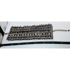 UV Reactive Black Beaded Rhinestone Wide Bracelet Gold Tone Statement